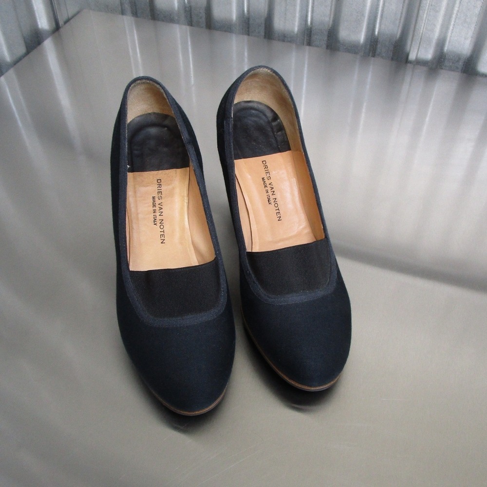 Dries Van Noten Navy Canvas Block Heel Pumps Round Toe Made in Italy Size 35